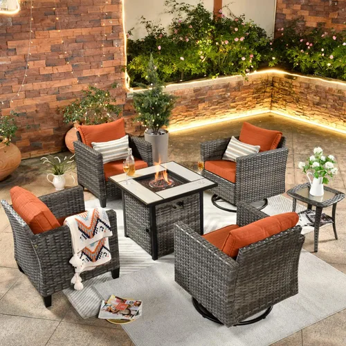 ovios Juego de muebles de patio de 6 piezas, sillas giratorias de mimbre para exteriores con mesa para fogatas de 30 pulgadas, juego de mecedoras de
