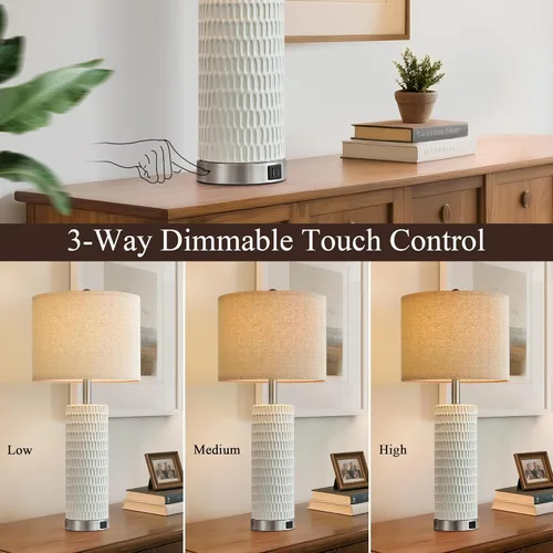 Miniatura 2 de Reaketon Juego de 2 lámparas blancas de 67.3 cm para recámara, lámparas de mesa modernas para sala de estar con puertos USB C+A, lámparas táctiles