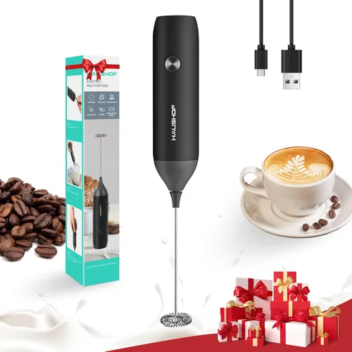 HAUSHOF Potente varita espumadora de leche recargable, máquina de espuma eléctrica de mano, mezclador de bebidas con batidor de acero inoxidable