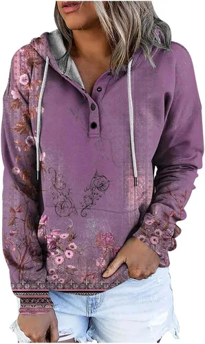 ZDRZK Womens Fashion Long Sleeve Hoodies Graphic Design Vintage Floral Print Hooded Sweatshirt Casual Pullover Tops