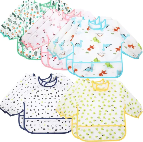 Tarpop Baberos de manga larga para bebés, paquete múltiple, impermeables, de manga suave, para bebés y niños pequeños que comen alimentación CUTE