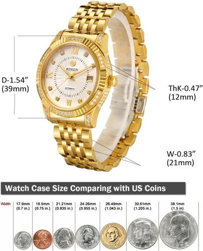 Miniatura 32 de BINLUN Reloj de pulsera para hombre, mecánico automático, reloj dorado con cuerda automática, elegante, chapado en oro de 18 quilates, relojes