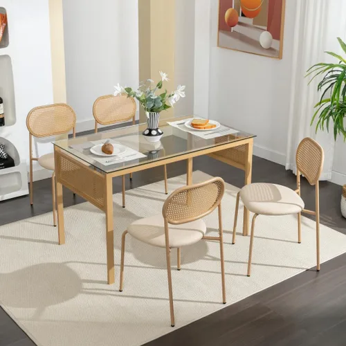 Miniatura 7 de COSVALVE Juego de 4 sillas de comedor boho con respaldo de ratán, asientos tapizados de caña y patas de metal, perfectas para cena, sala de estar