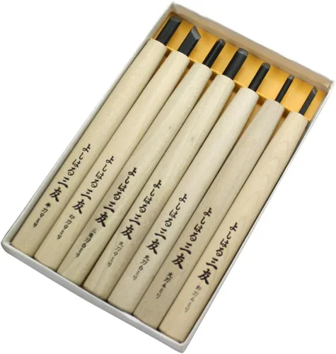 Yoshiharu Sanyu Yo-7 Cuchillo cincel con cincel de acero de alta calidad en una caja de papel, juego de 7 piezas
