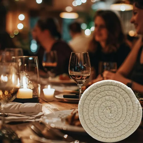 Miniatura 7 de Posavasos de algodón tejido hecho a mano, juego de 8 con soporte, absorbente, protege la mesa, 4.3 pulgadas de diámetro, decoración del hogar