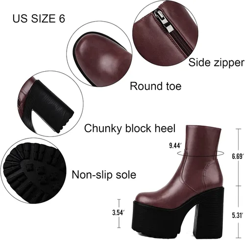 Miniatura 4 de AMINUGAL Botas de tobillo de plataforma para mujer, tacón grueso, con cremallera, punta redonda, tacón alto, punk, para motocicleta, trabajo