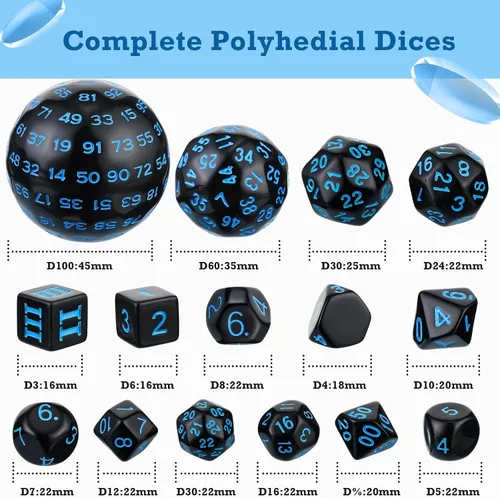 Miniatura 2 de Civaner Juego completo de 15 dados poliédricos D3-D100 esféricos RPG en negro opaco, 100 lados para juegos de rol, suministros de fiesta