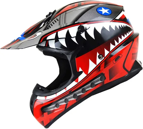 1Storm - Casco de motocross para adultos BMX MX ATV Dirt Bike Downhill Mountain Bike estilo Monster Shark Racing HKY_SC09S Rojo tiburón