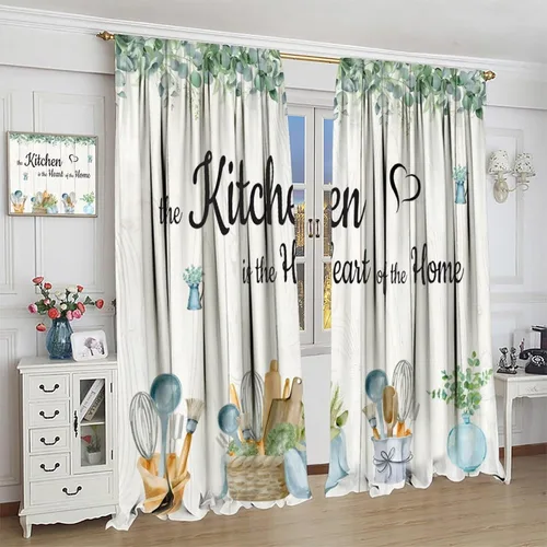 Miniatura 4 de Cortinas rústicas de cocina de granja, hojas verdes florales de primavera, cortinas retro de tablones de madera campestre para dormitorio, comedor