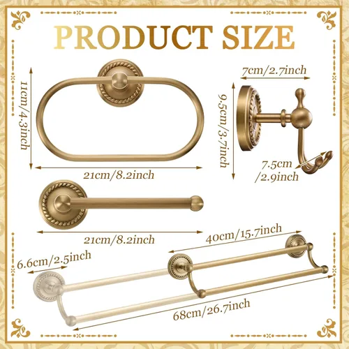 Miniatura 2 de Juego de 4 piezas de accesorios de baño de latón antiguo dorado, juego de toallero montado en la pared y anillo para toallas y soporte para papel