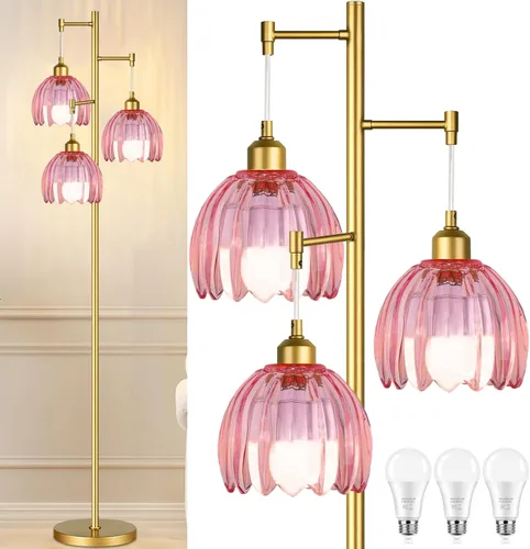 Miniatura 13 de Lámparas de pie doradas para sala de estar lámpara de pie vintage con forma de L de vidrio y tres bombillas led, lámpara de pie verde de latón