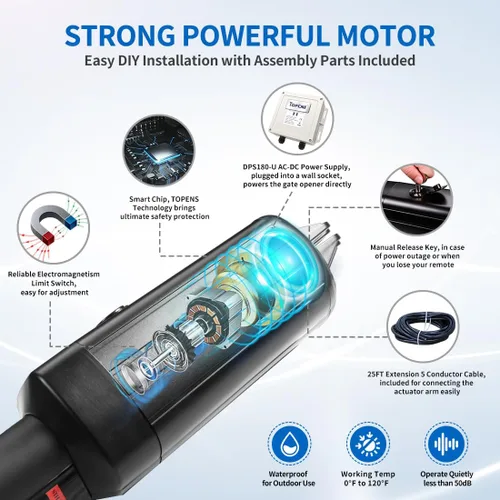 Miniatura 4 de TOPENS PW302 - Abridor de portón oscilante doble, motor de portón automático de servicio ligero para portones batientes dobles de hasta 12 pies por