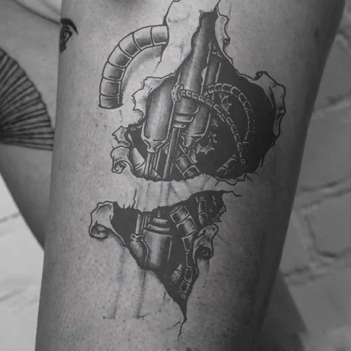 Miniatura 7 de 6 hojas de tatuajes temporales de equipo mecánico biomecánico para hombres, reloj de engranaje robot negro y gris, impermeable, calcomanías falsas