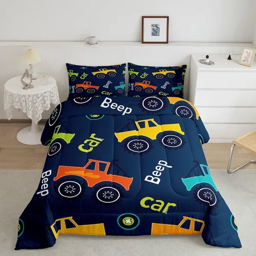 Miniatura 2 de Feelyou Juego de ropa de cama de dibujos animados de construcción para niños, juego de edredón para niños y niñas, camiones de equipo, decoración