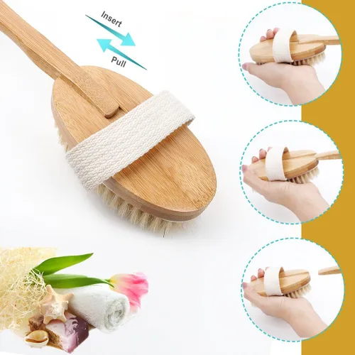Miniatura 5 de Cepillo corporal de baño y ducha, cepillado de piel seca con cerdas de jabalí 100% naturales y mango desmontable de bambú de 16 pulgadas de largo