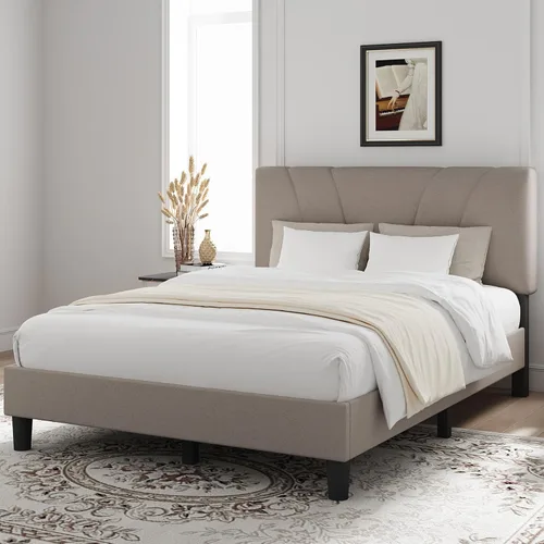 Miniatura 3 de Novilla Base de cama tamaño King con cabecera ajustable, marco de cama King, cabecera tapizada de tela de lino, no necesita somier, sin ruido, Beige