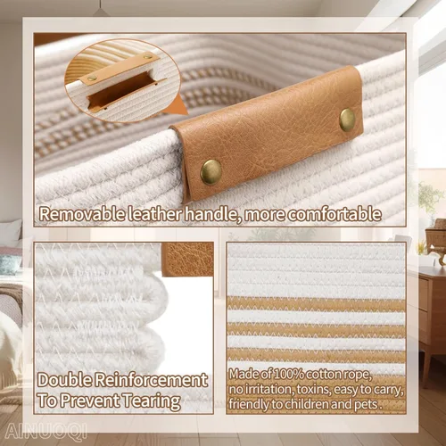 Miniatura 7 de AINUOQI Cesta de Ropa Sucia Grande Cesta de Lavandería con Asas de Cuero, Cesta de Almacenamiento Decorativa de Cuerda de Algodón Tejida para Yute