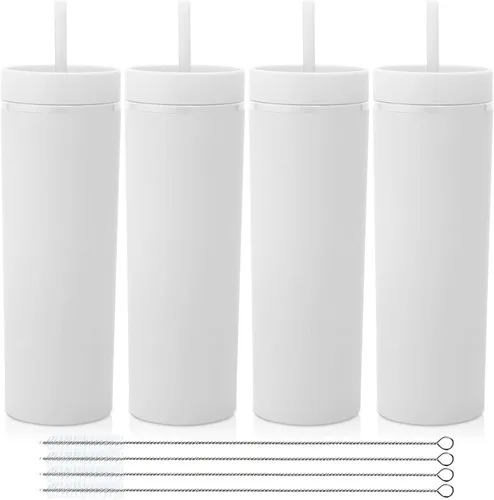 Volhoply Paquete a granel de 4 vasos delgados de plástico de 20 onzas, vaso de doble pared con tapa y popote, taza reutilizable de viaje para café
