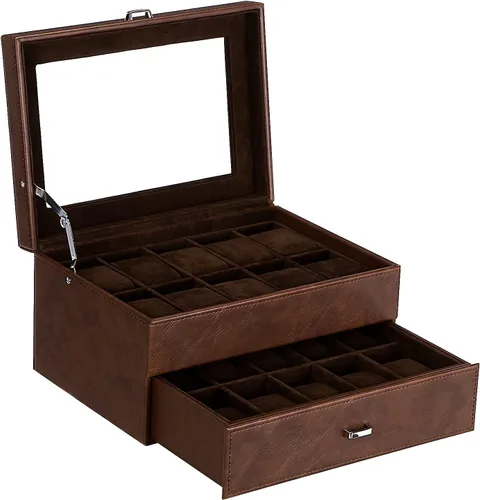 BEWISHOME Caja organizadora de relojes para hombre, estuche de lujo para reloj, 20 ranuras, de piel sintética, con parte superior de cristal real,
