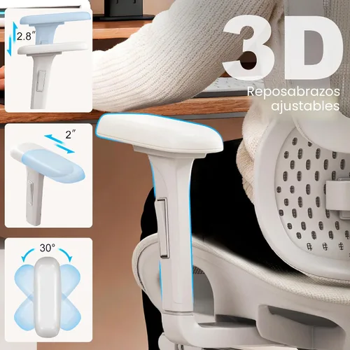 Miniatura 6 de Vonesse Silla de oficina ergonómica con reposapiés, sillas de escritorio con reposacabezas y reposabrazos ajustables 3D, silla de juegos de Blanco