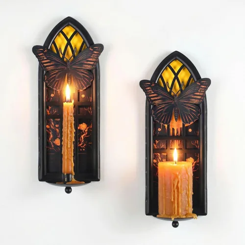 Juego de 2 candelabros góticos de pared, de hierro con mariposa y luna, con bandejas extraíbles para velas cónicas y pilares, jardín romántico y