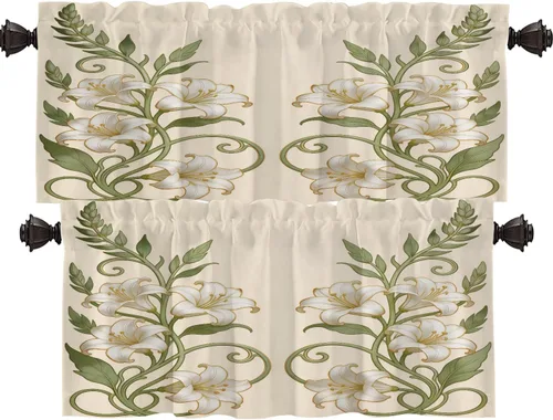 Miniatura 45 de Shrahala Art Nouveau Floral Pattern Blackout Curtain Tiers, Delicate Vine and Flower Design Kitchen Valance Light Blocking Tier Drapes with Rod