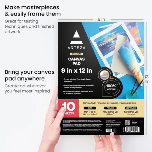 Miniatura 2 de ARTEZA Bloc de lona de 9 x 12 pulgadas, paquete de 1 – 10 hojas de papel de lienzo preimprimado para pintura acrílica, óleo y mixta