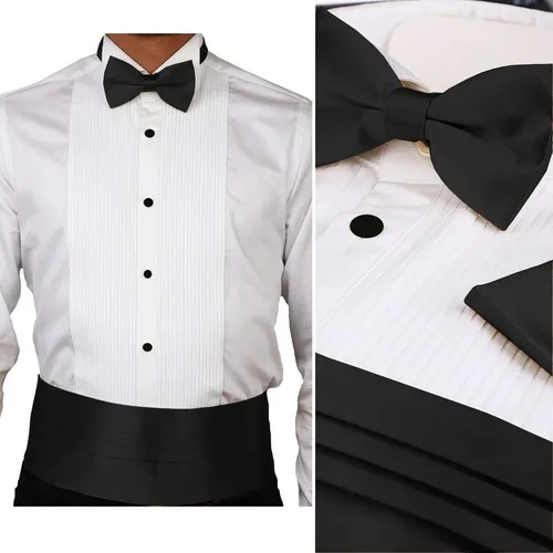 Miniatura 2 de Camisa de esmoquin con cuello de ala, Cummerbund, pajarita, gemelos y tachuelas Set Blanco, Blanco