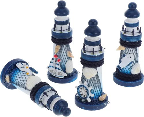 Milisten 4 piezas mini faro miniatura figura mediterránea figuras rústicas náuticas faro de madera modelo miniatura paisajismo decoraciones