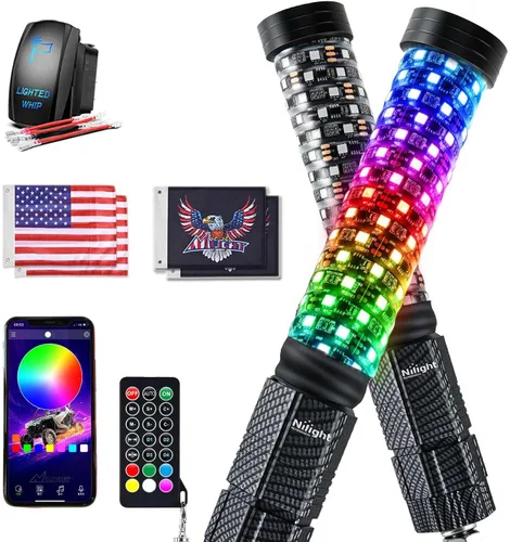 Miniatura 18 de Nilight 2 luces LED RGB en espiral de 3 pies con base de resorte, luz de persecución RF, control remoto, látigos de antena iluminados para Can-Am