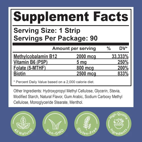 Miniatura 7 de Essential Source Tiras de energía sublinguales de vitamina B12 de metilcobalamina de 2,000 mcg Biotina, B6, 5-MTHF L-metilfolato Vitaminas B12