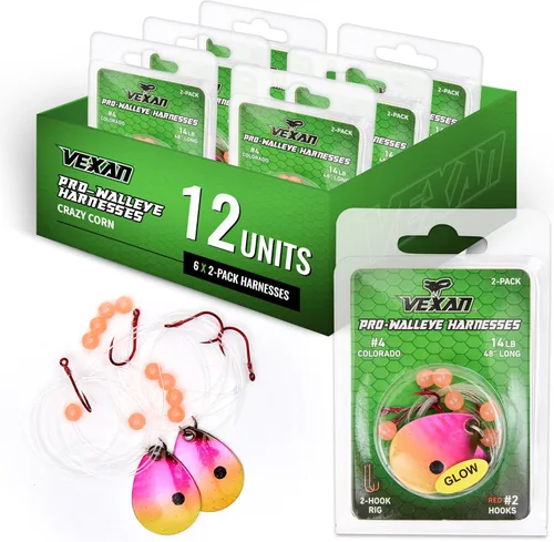 Miniatura 8 de Vexan Glow Walleye Spinner Rig - Live Bait Fishing Rig for Walleye with UV Glow Beads, #4 Colorado Spinning Plates, #2 Red J-Hook Setup, 48” Mono