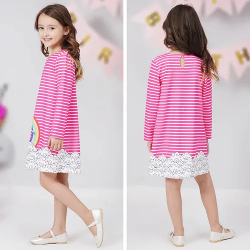 Miniatura 4 de Quedoris Vestido casual de manga larga con estampado de unicornio para niñas de 4 a 10 años