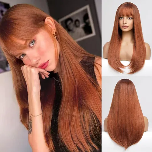 Miniatura 2 de HAIRCUBE Peluca Auburn con Flequillo Cabello Largo con Flequillo Cabello Rojo Apariencia Natural Resistente al Calor Peluca Sintética Juego Diario
