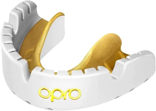 OPRO Protector bucal moldeable de nivel dorado para aparatos ortopédicos, ajuste prémium (blanco/dorado) a partir de 10 años, deportes de impacto,