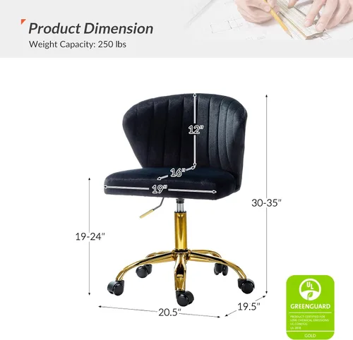 Miniatura 2 de HULALA HOME Silla de escritorio de oficina en casa con ruedas doradas, silla pequeña y bonita con respaldo para dormitorio, silla de trabajo Negro