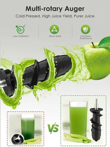 Miniatura 5 de Exprimidor de prensa en frío para naranja de apio, zanahoria, frutas y verduras, 250 W, máquina exprimidora lenta sin BPA, función inversa, fácil