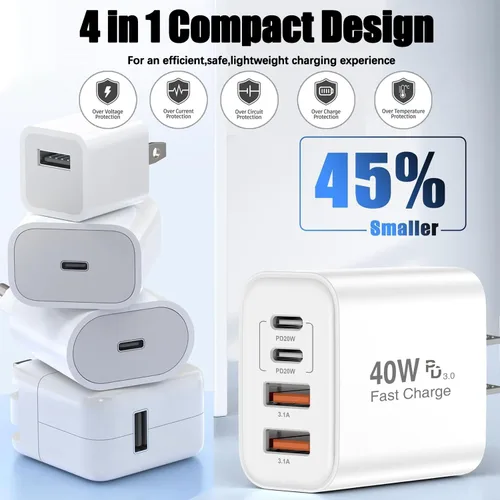Miniatura 5 de Cargador para iPhone 17 de carga rápida, bloque de cargador USB C de 4 puertos, paquete de 2 cargadores de Apple de 40 W con cable trenzado USB C a