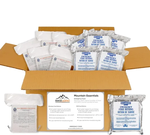 Miniatura 6 de MOUNTAIN ESSENTIALS Paquete de 6 barras de alimentos de emergencia de 2400 calorías y agua de emergencia S.O.S. 4.22 onzas, paquete de 24 con 5 años