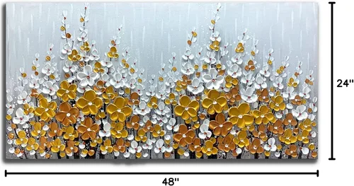 Miniatura 7 de Yika Art Pinturas – Arte de pared de árbol de flores de plata dorada 3D de 24 x 48 pulgadas, cuchillo texturizado abstracto, pintura acrílica sobre