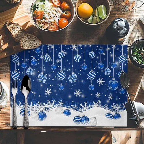 Miniatura 6 de Juego de 6 manteles individuales de mesa de Navidad, manteles individuales de algodón y lino antideslizantes lavables, bolas de Navidad, copos