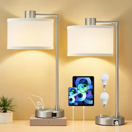 Miniatura 9 de Luvkczc Lámpara de Mesa para Dormitorio Juego de 2 con Puertos USB C+A - Lámpara de Noche Totalmente Regulable Sin Escalones con Pantalla de Lino