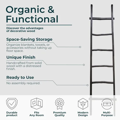 Miniatura 5 de Escalera de madera rústica para decoración del hogar, estante de almacenamiento estilo granja para mantas, toallas y accesorios, escalera decorativa