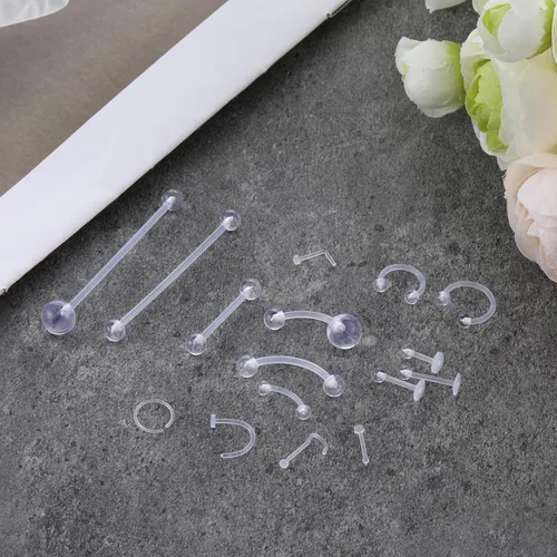 Miniatura 7 de TIESOME 48 retenedores de piercing transparentes, 15 estilos de aretes transparentes para deportes de trabajo, cirugía de acrílico con parte