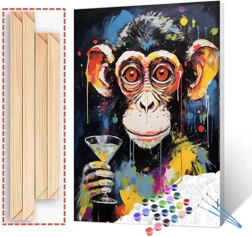 Tucocoo Divertidos kits de pintura colorida de mono por números con pinceles y pigmento acrílico sobre lienzo para adultos, imagen de copa de