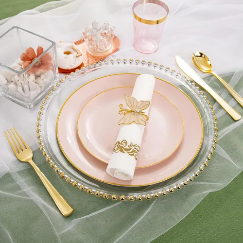 Miniatura 4 de Rubtlamp Juego de 210 platos de plástico rosa con cubiertos de plástico dorado que incluye 30 platos de cena rosa y 30 platos de postre, cubiertos