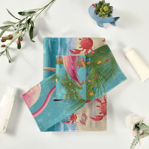 Miniatura 6 de Pfrewn Juego de 3 toallas de baño de Navidad con flamenco tropical, palmera y cangrejo, toallas de baño, suaves y absorbentes, toallas de mano