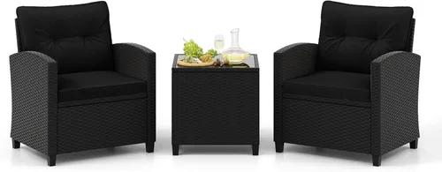 Miniatura 28 de Tangkula Juego de muebles de patio de 3 piezas, mimbre de ratán PE, juego de sofá de 3 piezas para exteriores con cojín lavable y superficie de mesa