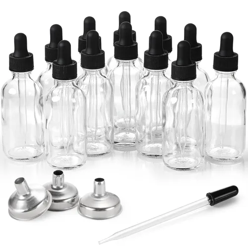 Paquete de 12 botellas cuentagotas de vidrio de 2 oz con 3 embudos de acero inoxidable y 1 pipeta cuentagotas larga y 24 etiquetas - botellas de