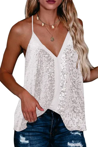 Beyove Camiseta de lentejuelas sin mangas con cuello en V y tirantes delgados, parte superior de espalda cruzada brillante para fiesta